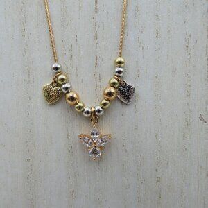 Fleur De Lis Necklace 18" Crystal Pendant Gold Silver Copper Tones Heart Dangles